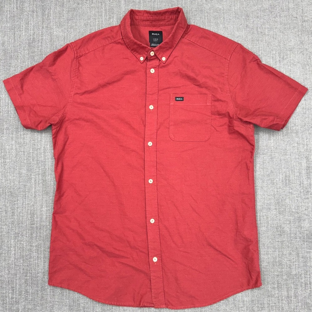 RVCA That'll Do Men's Large Red Slim Fit Short Sleeve Button Down Shirt